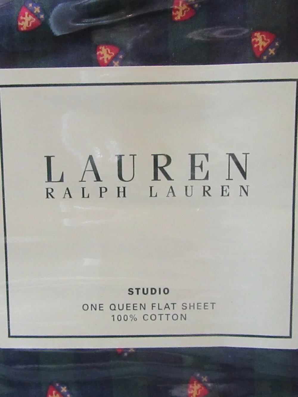 New in Package Unused Vintage Ralph Lauren Queen Flat Sheet Studio Crest Stripe